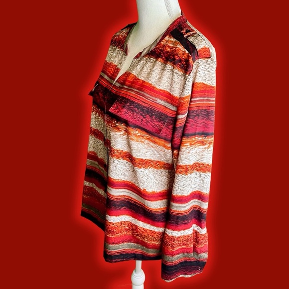 Calvin Klein Women’s ‘Roll Sleeve Printed Everyday Blouse’ in Red Abstract Multi - Picture 7 of 12